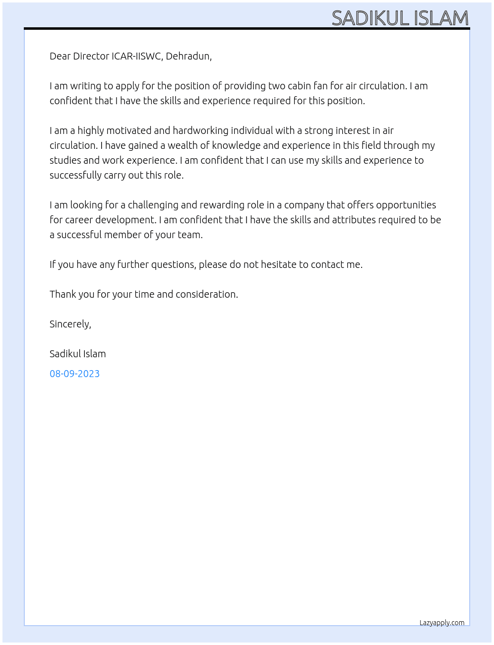 Application for providing two cabin fan for air circulation At Director ICAR-IISWC, Dehradun Cover Letter