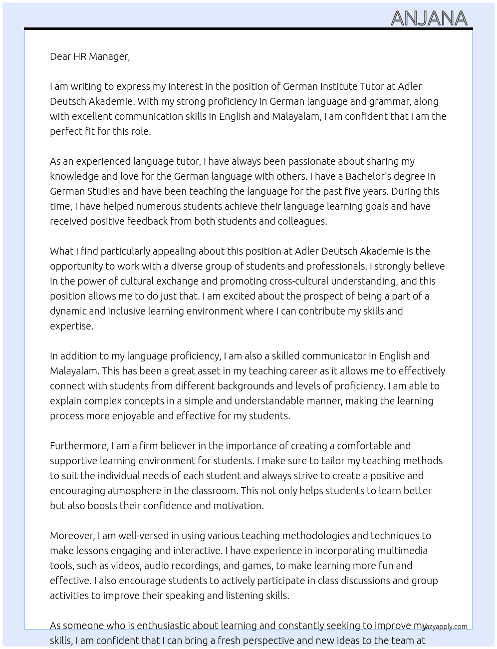 German Institute Tutor  At Adler Deutsch Akademie  Cover Letter