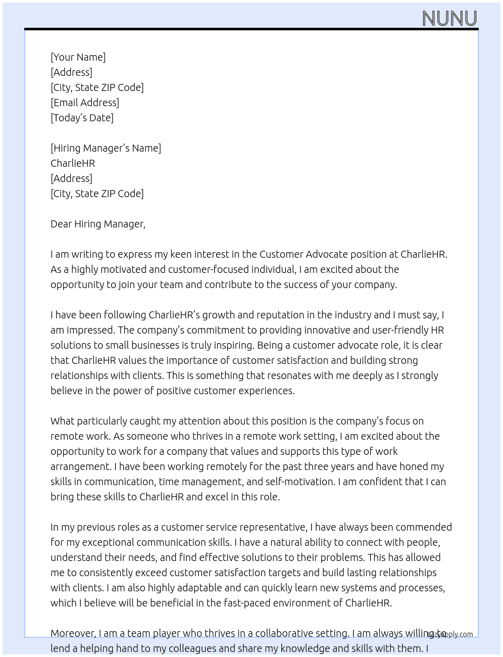 Customer Advocate At CharlieHR Cover Letter
