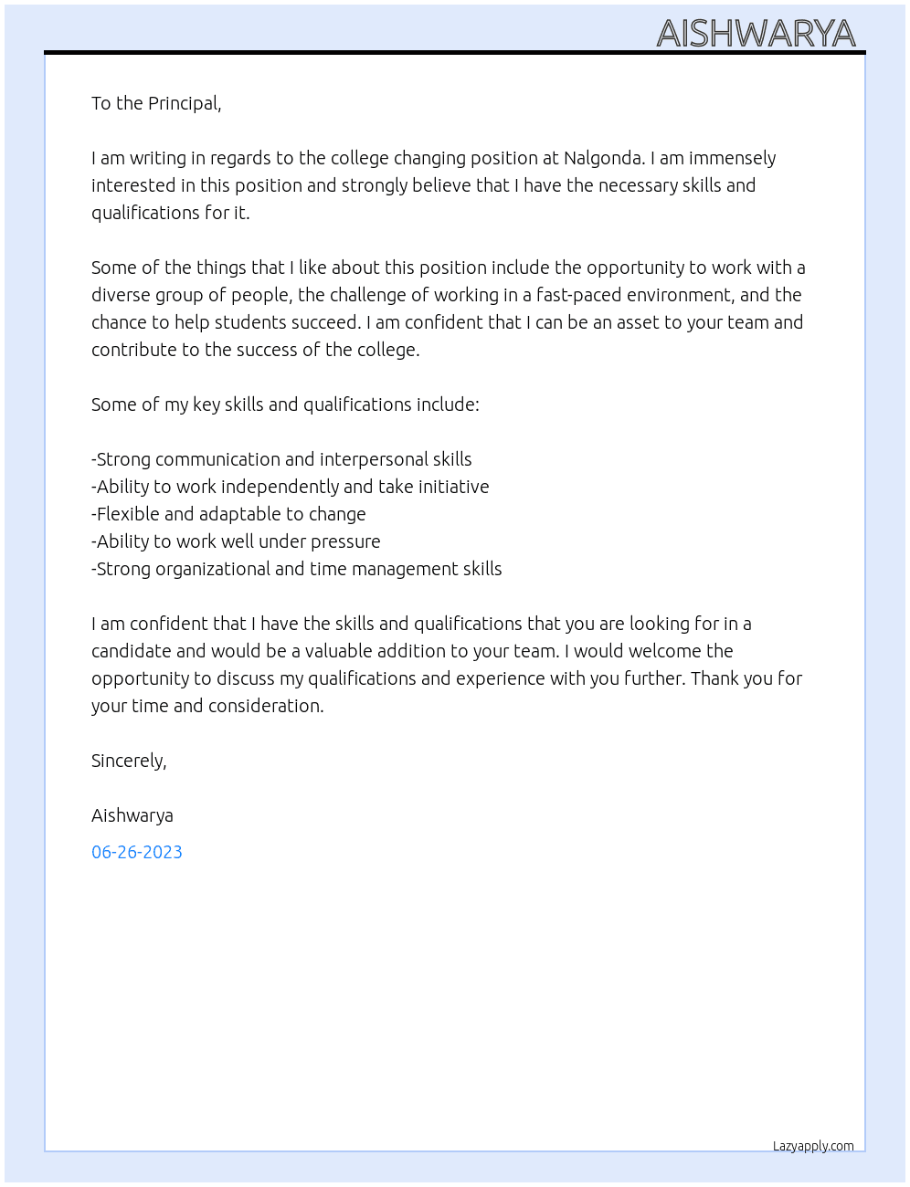 College changing  At Nalgonda  Cover Letter