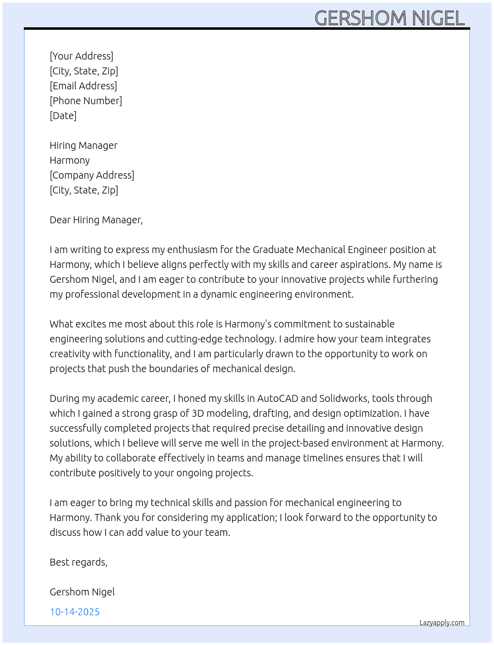 Graduate Mechanical Engineer  At Harmony  Cover Letter