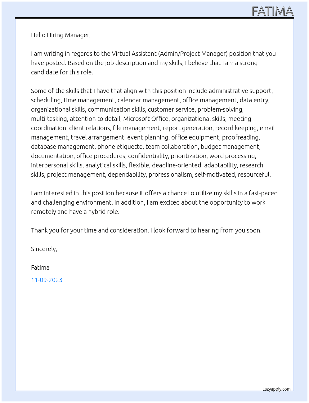 Virtual Assitant (Admin/Project Manager) At Tech Companies Cover Letter