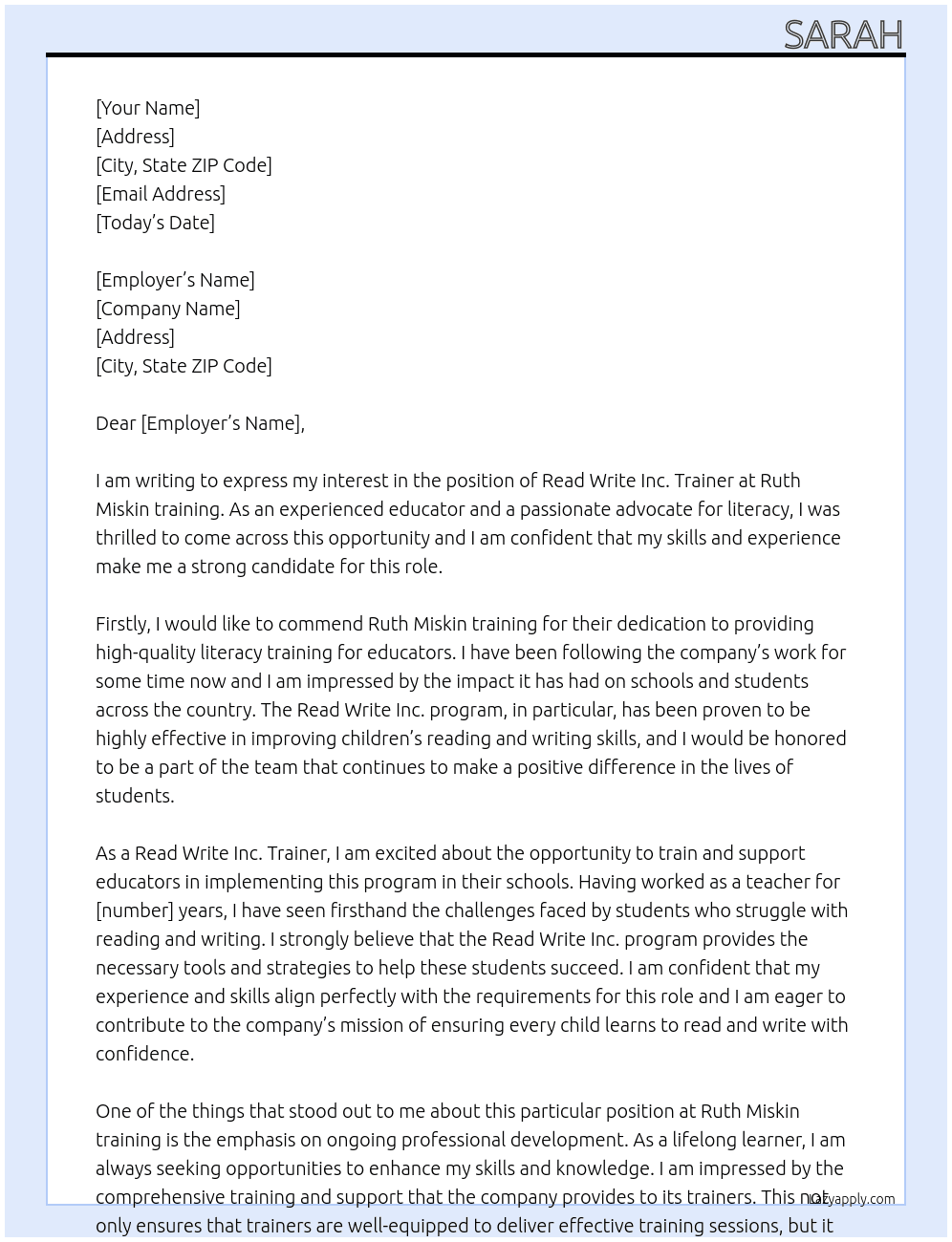 Read Write Inc. Trainer  At Ruth Miskin training  Cover Letter