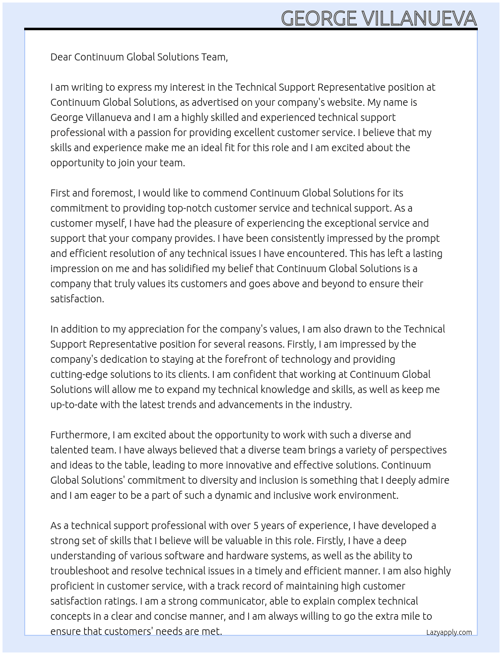 Technical Support Representative At Continuum Global Solutions Cover Letter