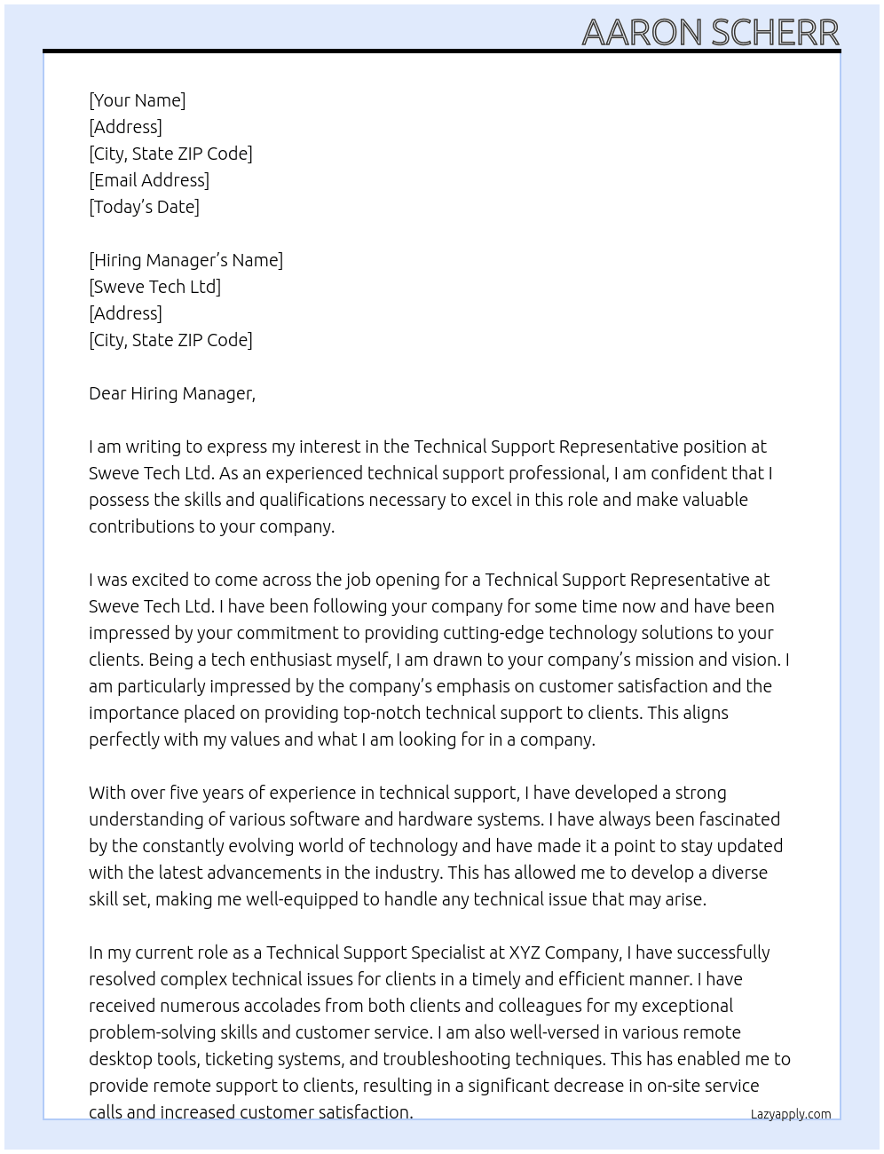 Technical Support Representative At Sweve Tech Ltd Cover Letter