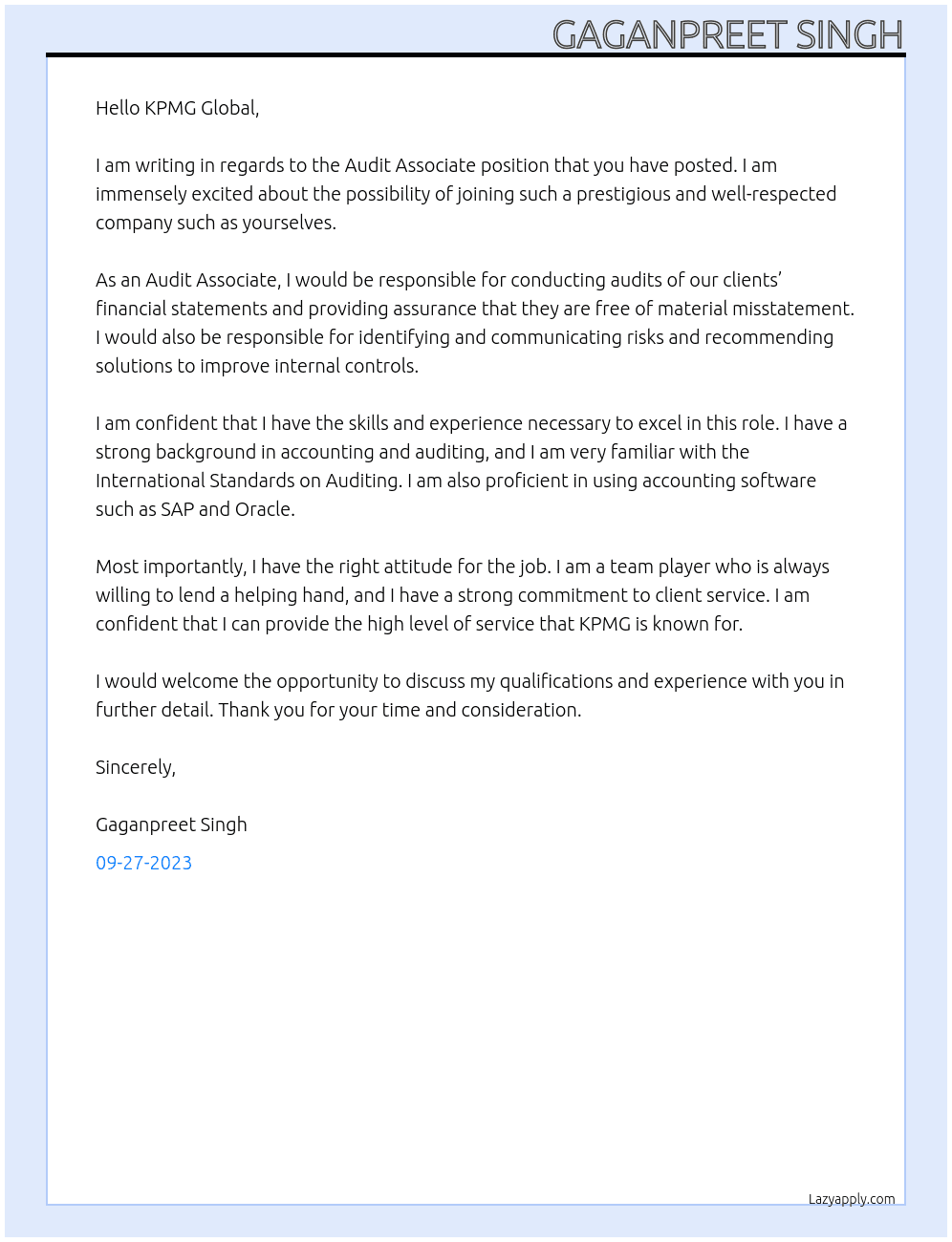 Audit assosiate At KPMG Global Cover Letter