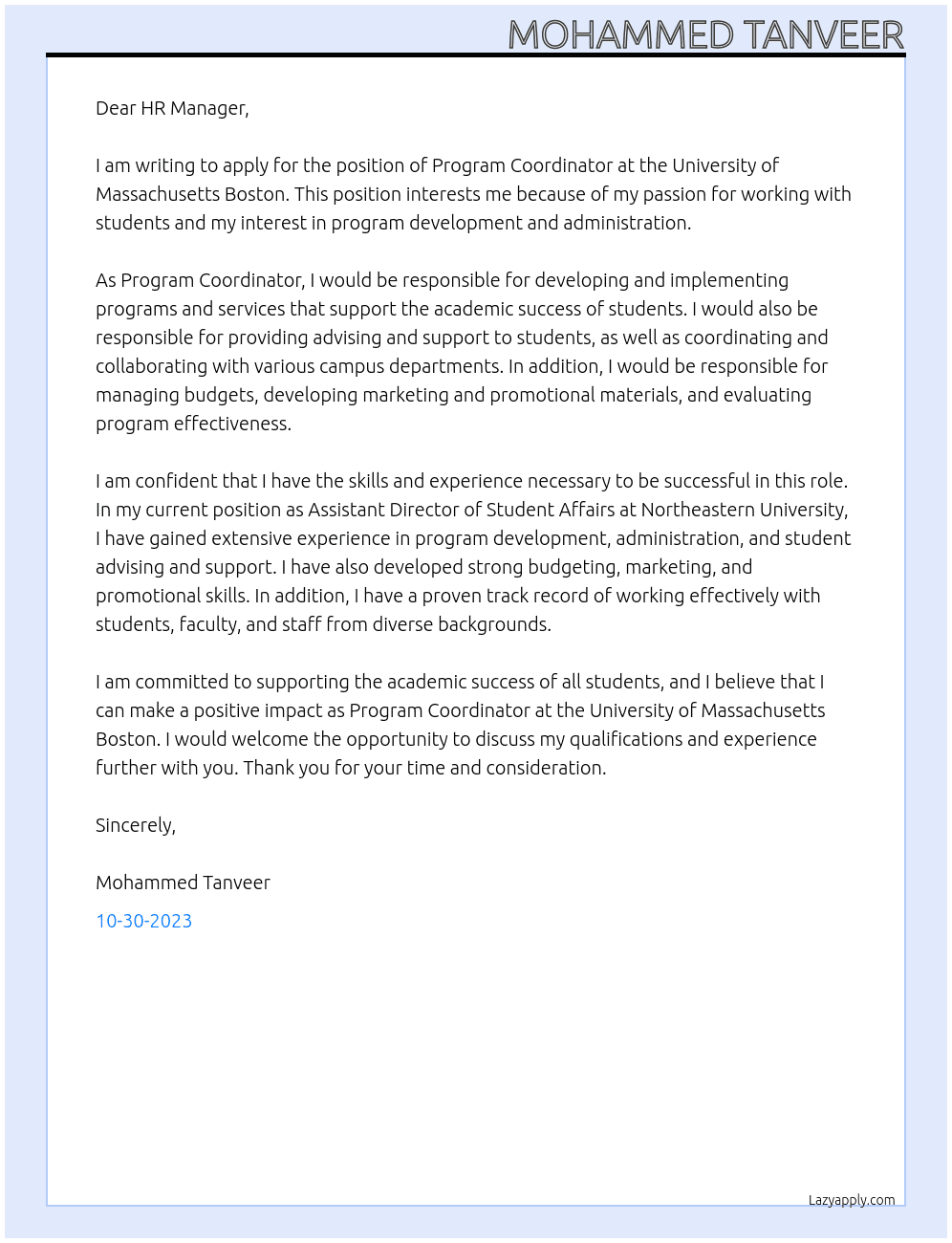 Program Coordinator At University of Massachusetts Boston Cover Letter
