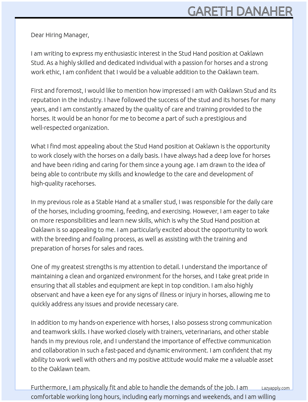 Stud Hand At Oaklawn Stud Cover Letter