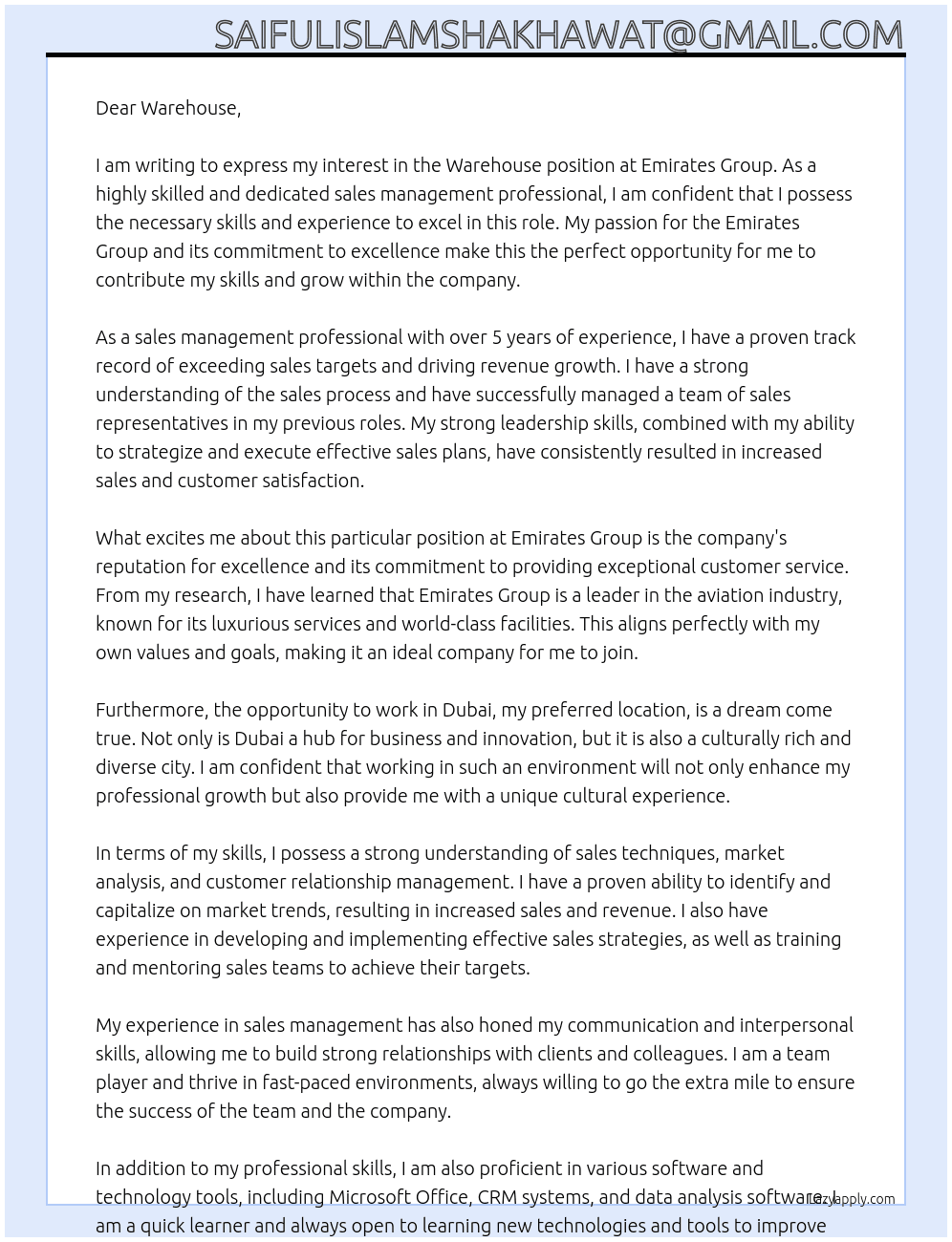 warehouse  At Emirates group  Cover Letter
