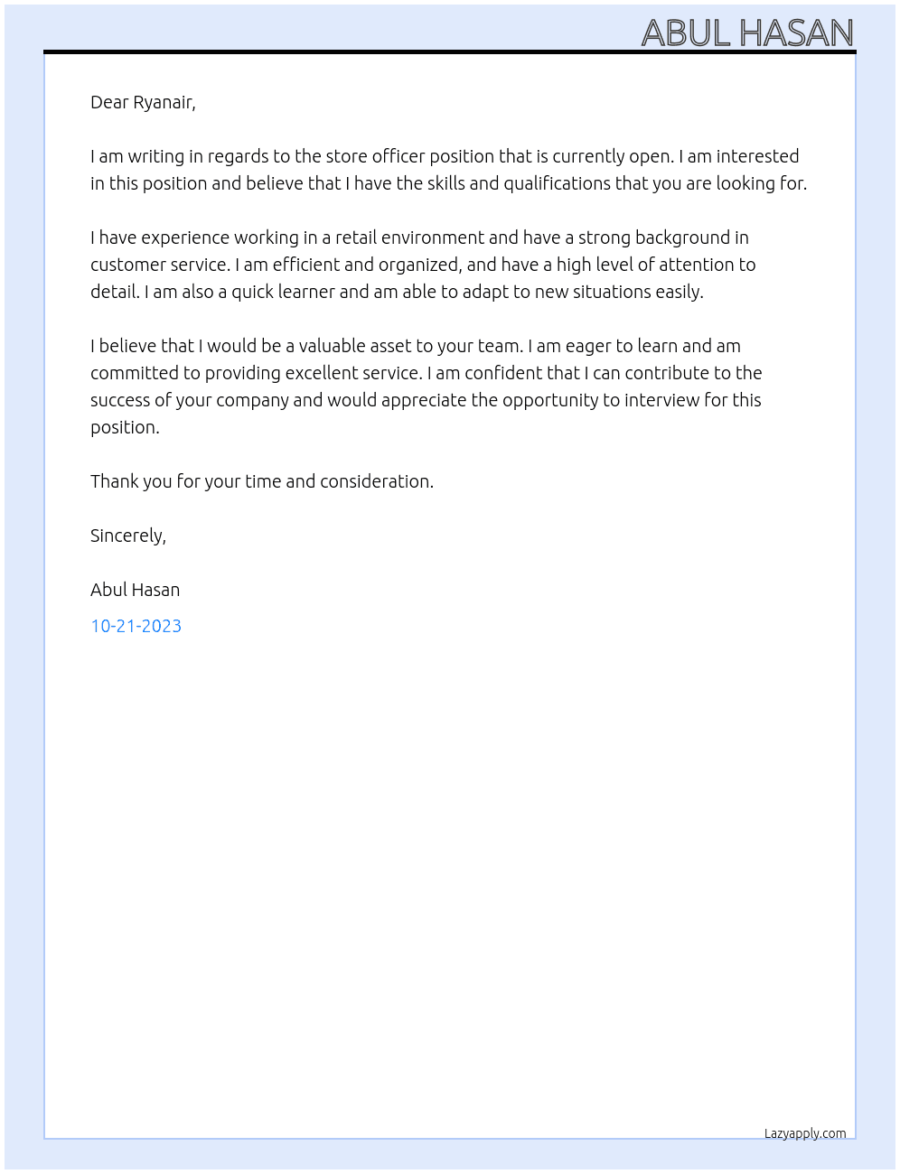 store officer At ryanair Cover Letter