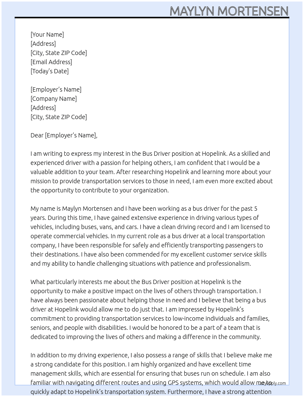 Bus Driver At Hopelink Cover Letter