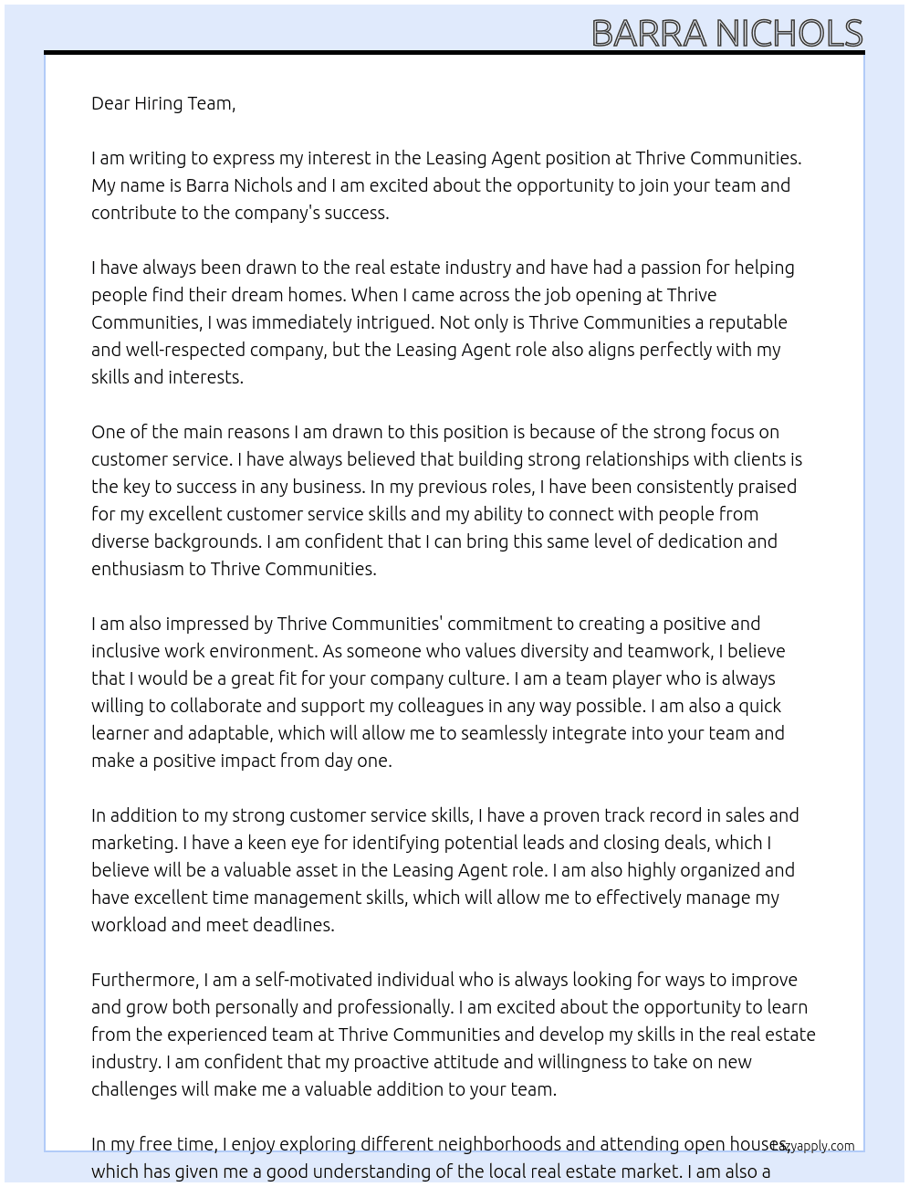 Leasing Agent At Thrive Communites Cover Letter