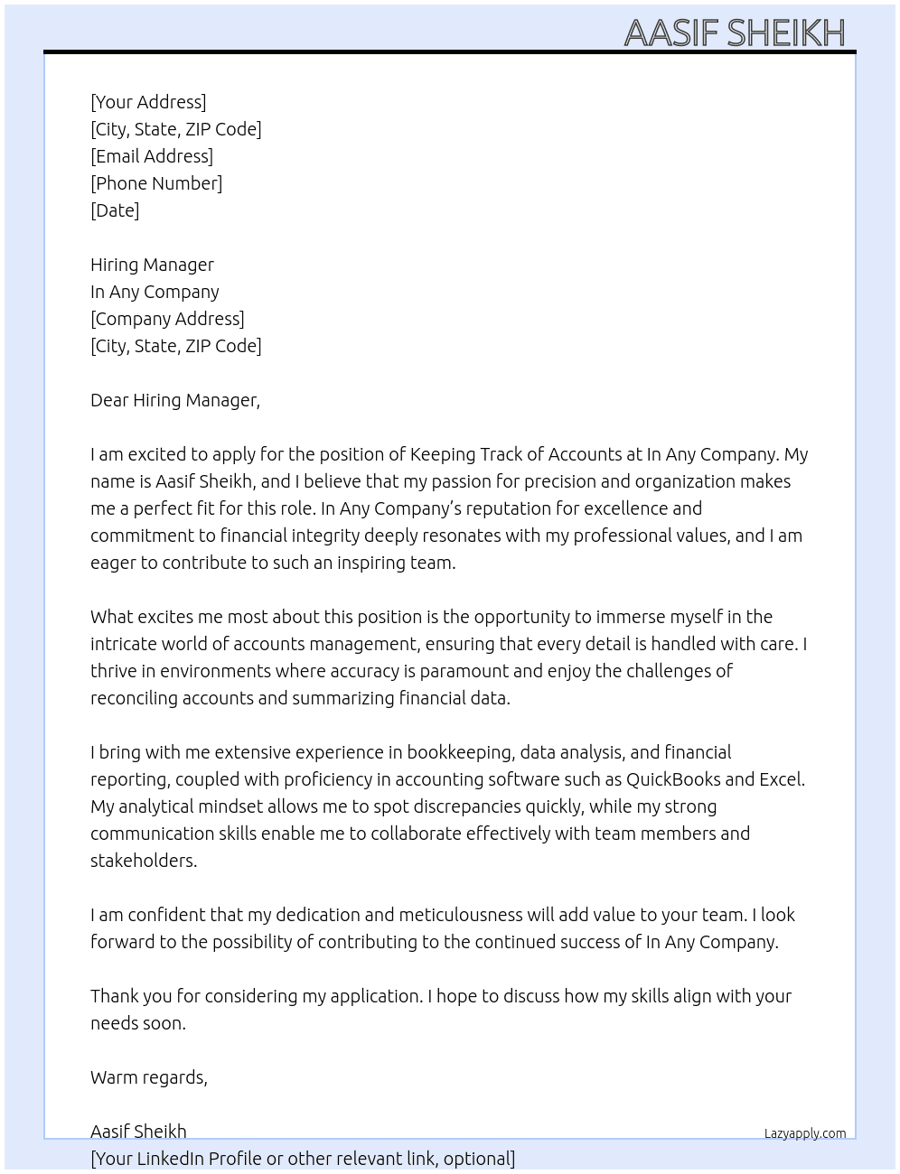 Keep Track of Accounts At In Any Company Cover Letter
