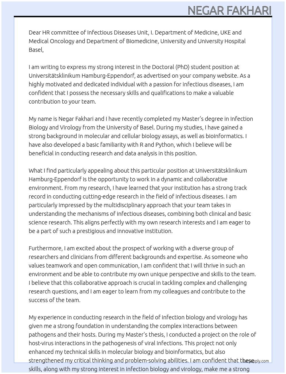 Doctoral (PhD) student At Universitätsklinikum Hamburg-Eppendorf Cover Letter