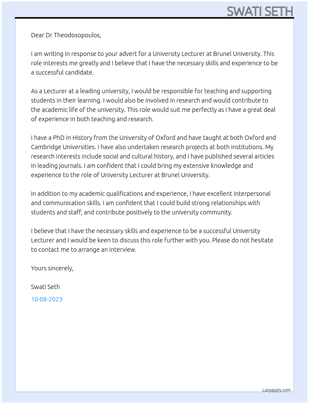 University Lecturer At Brunel University Cover Letter