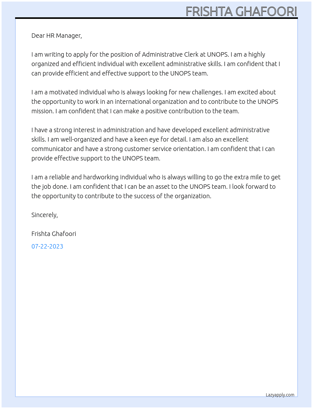 ADMINISTRATIVE CLERK At UNOPS Cover Letter