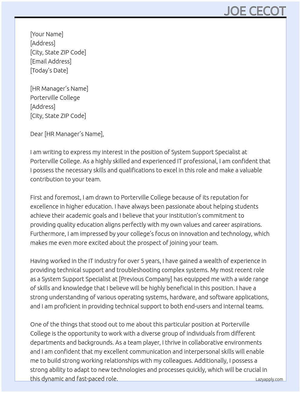System Support Specialist At Porterville College Cover Letter