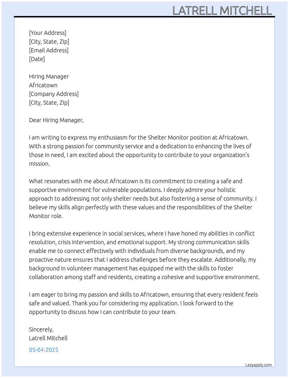 Shelter Monitor At Africatown  Cover Letter