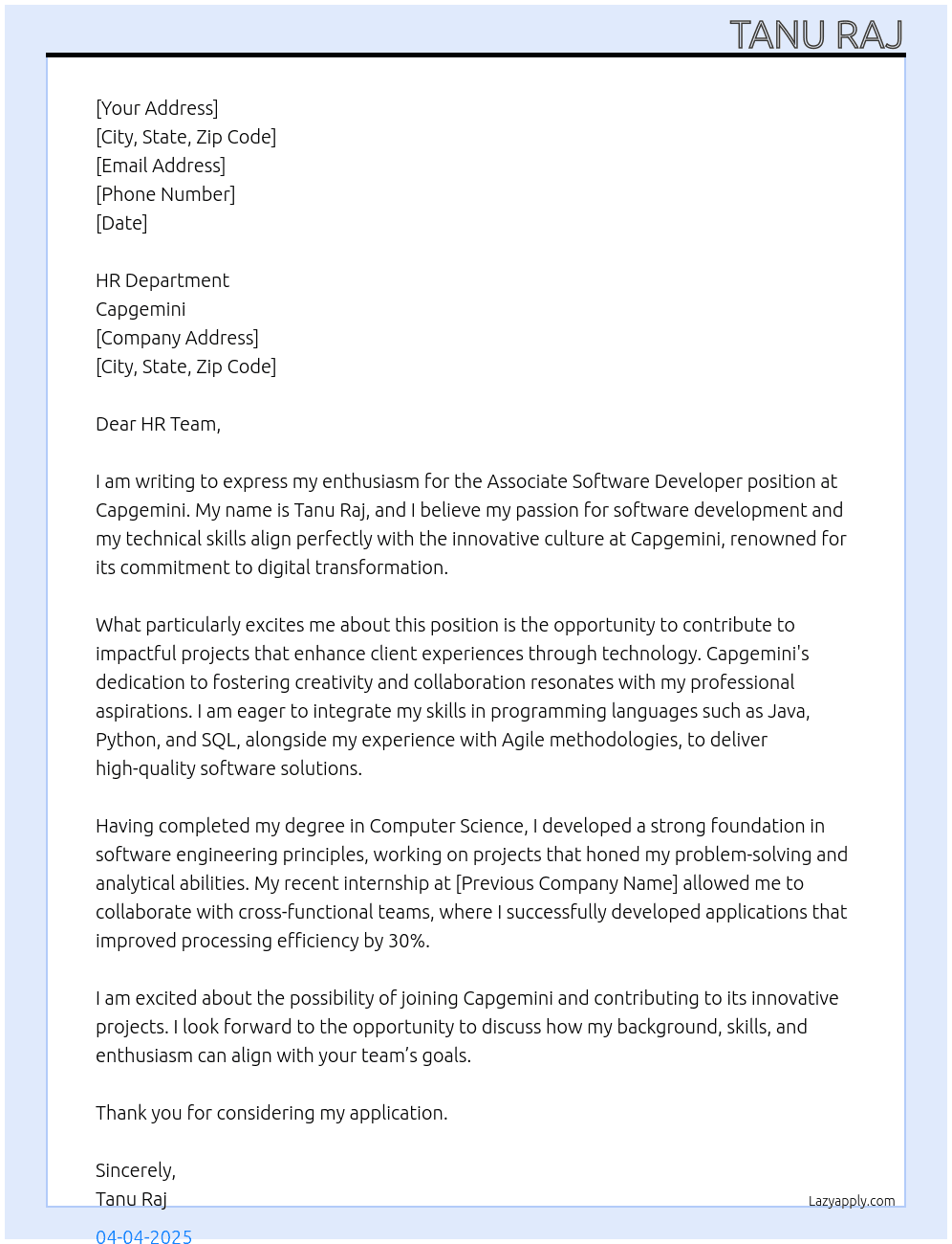 associate software developer At capgemini Cover Letter