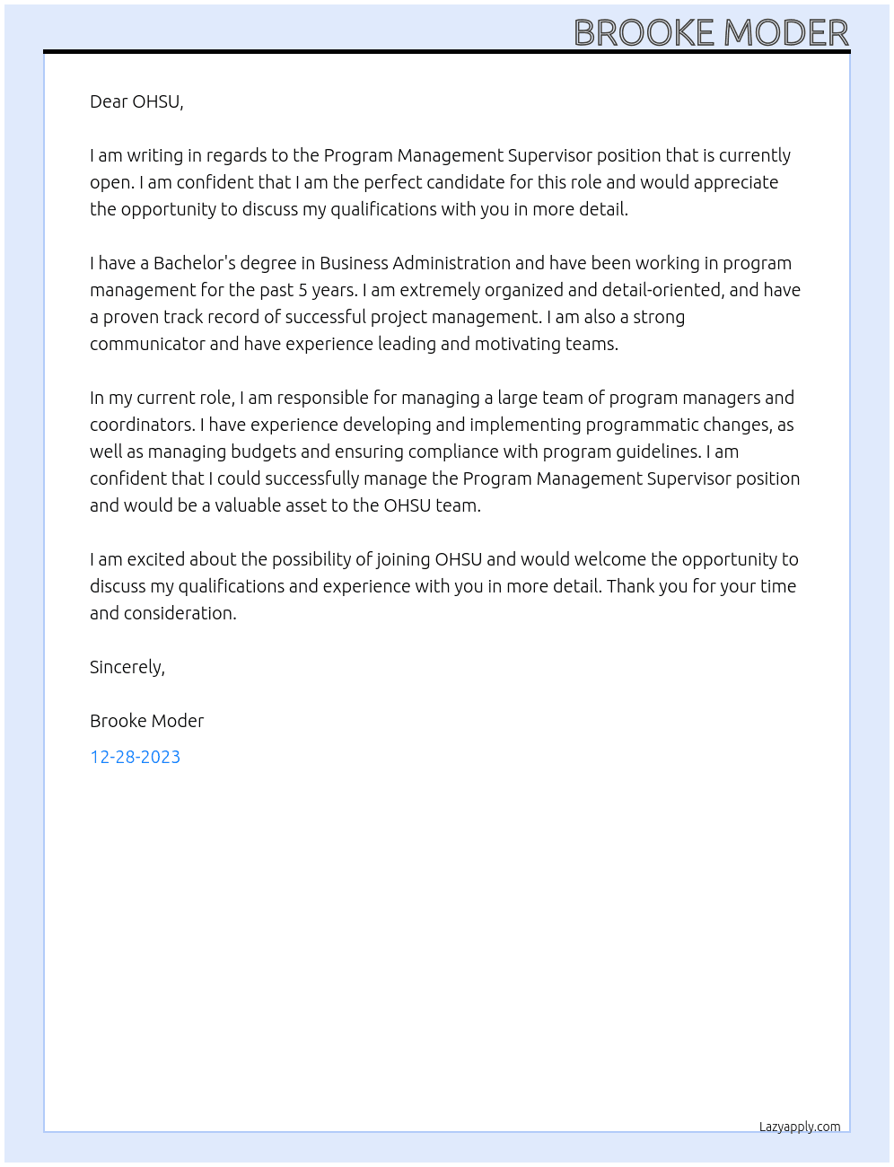 Program Management Supervisor At Oregon Health & Science University Cover Letter