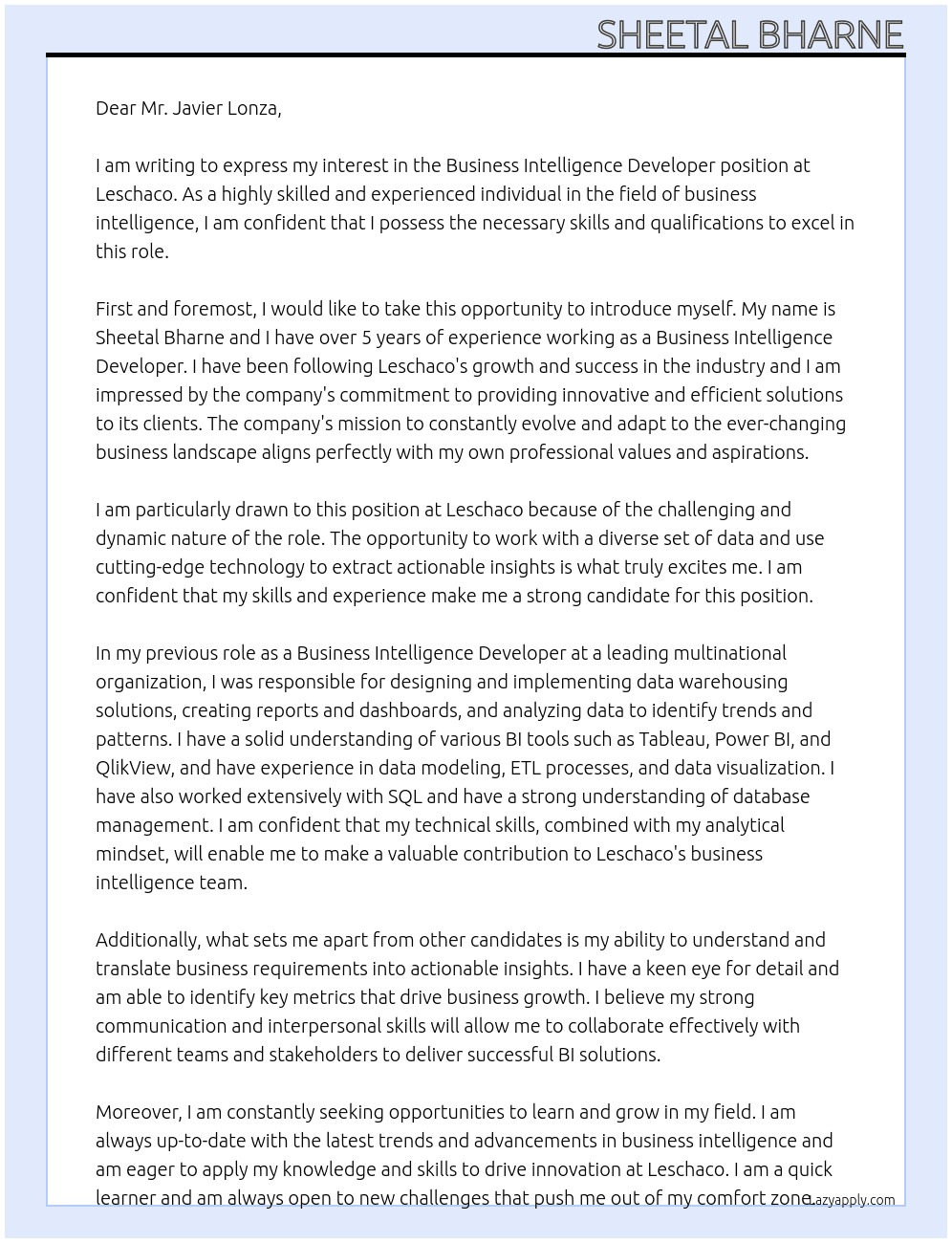 Business Intelligence Developer At leschaco Cover Letter