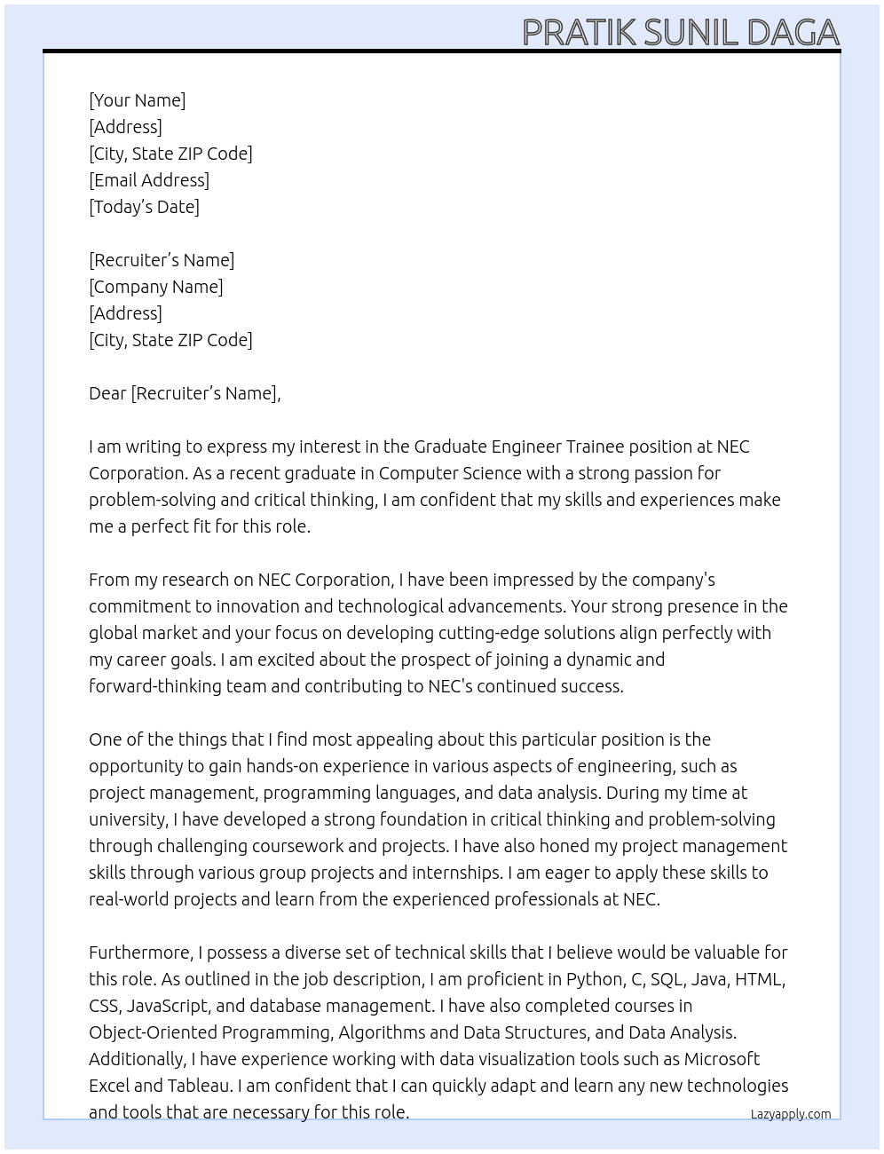 Graduate Engineer Trainee At NEC Corporation Cover Letter