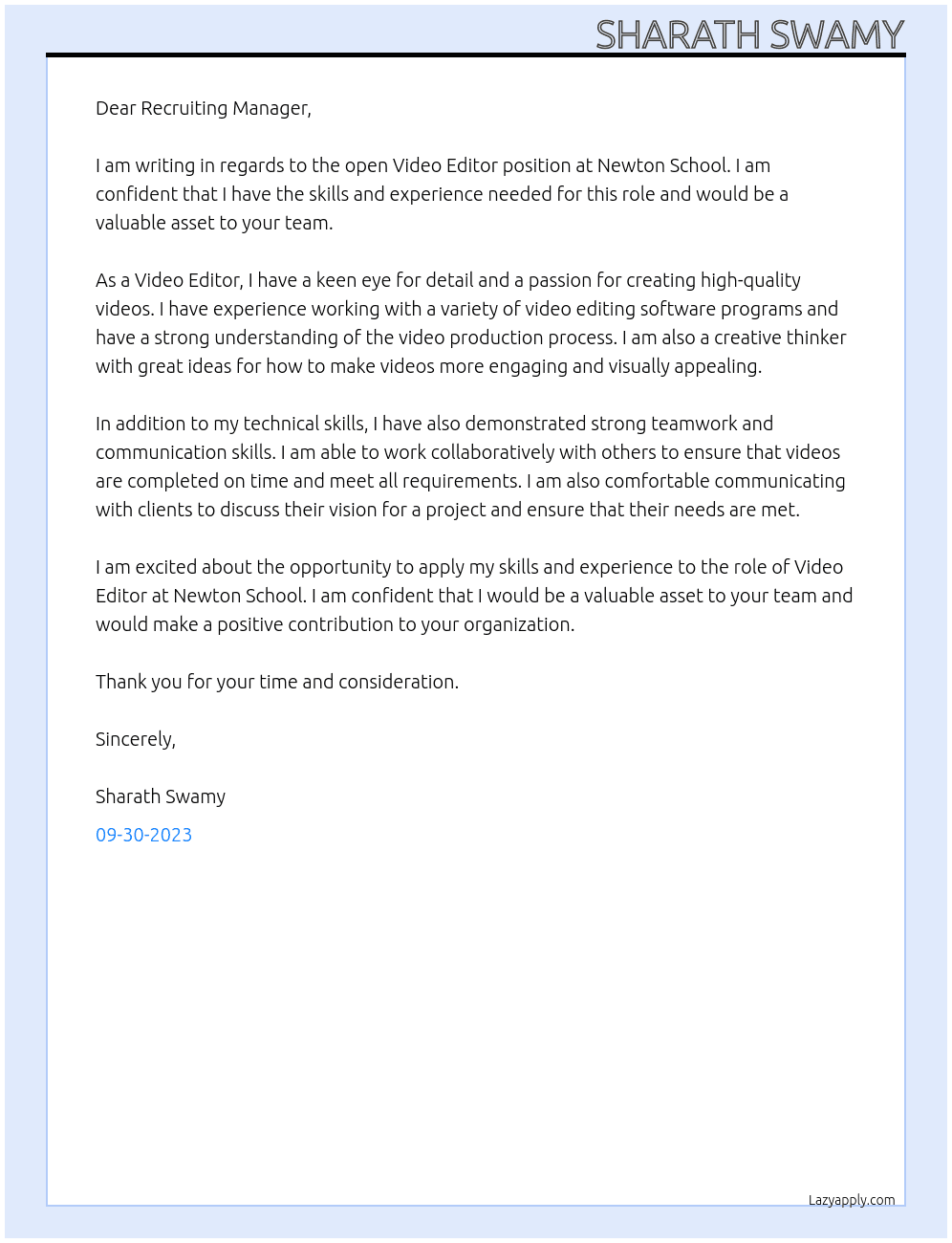 video editor At newton school Cover Letter