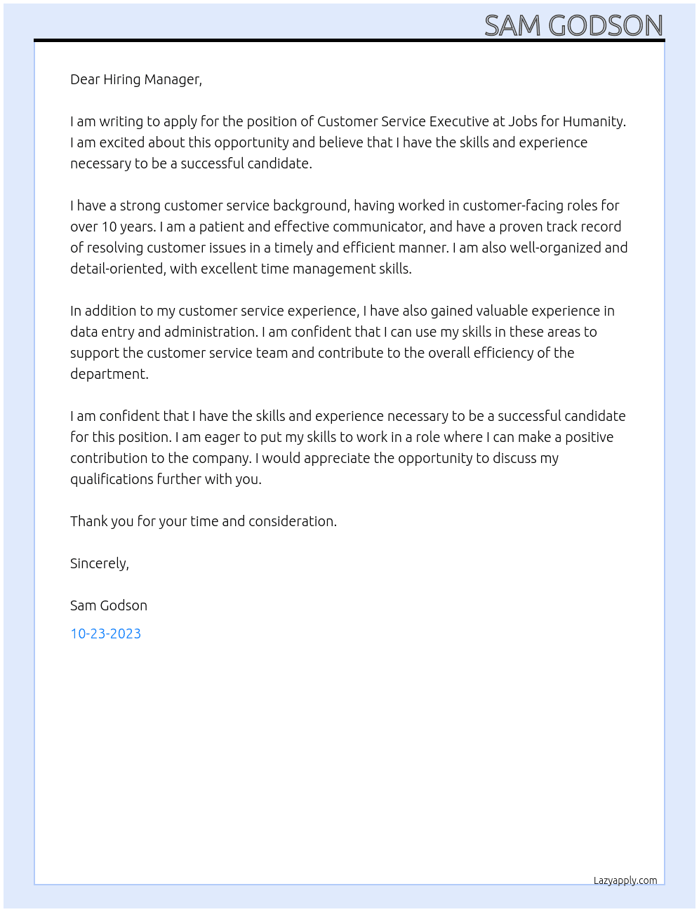 Customer service executive At Jobs for Humanity Cover Letter