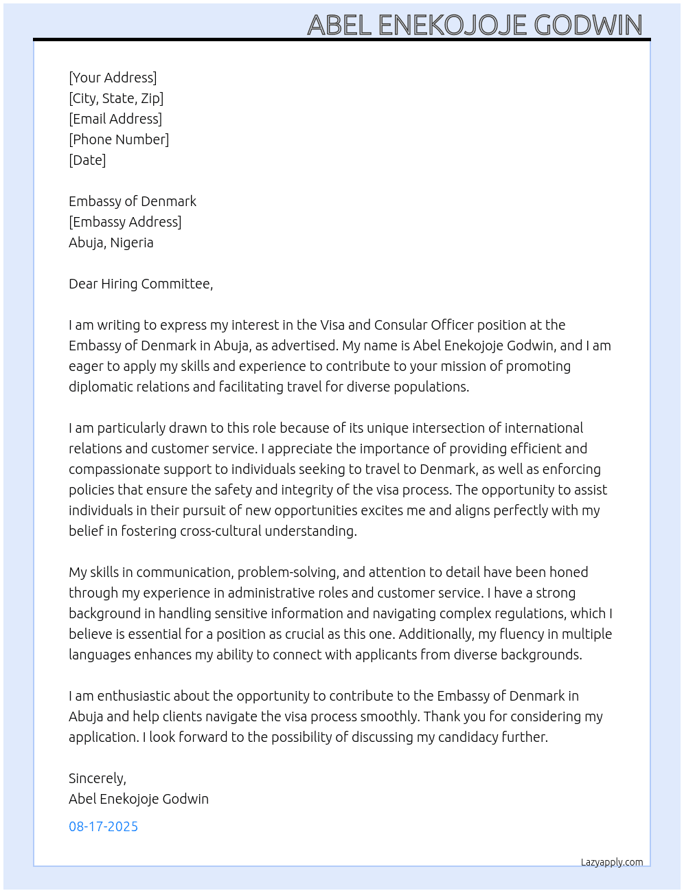Visa and consular officer At Embassy of Denmark in Abuja  Cover Letter
