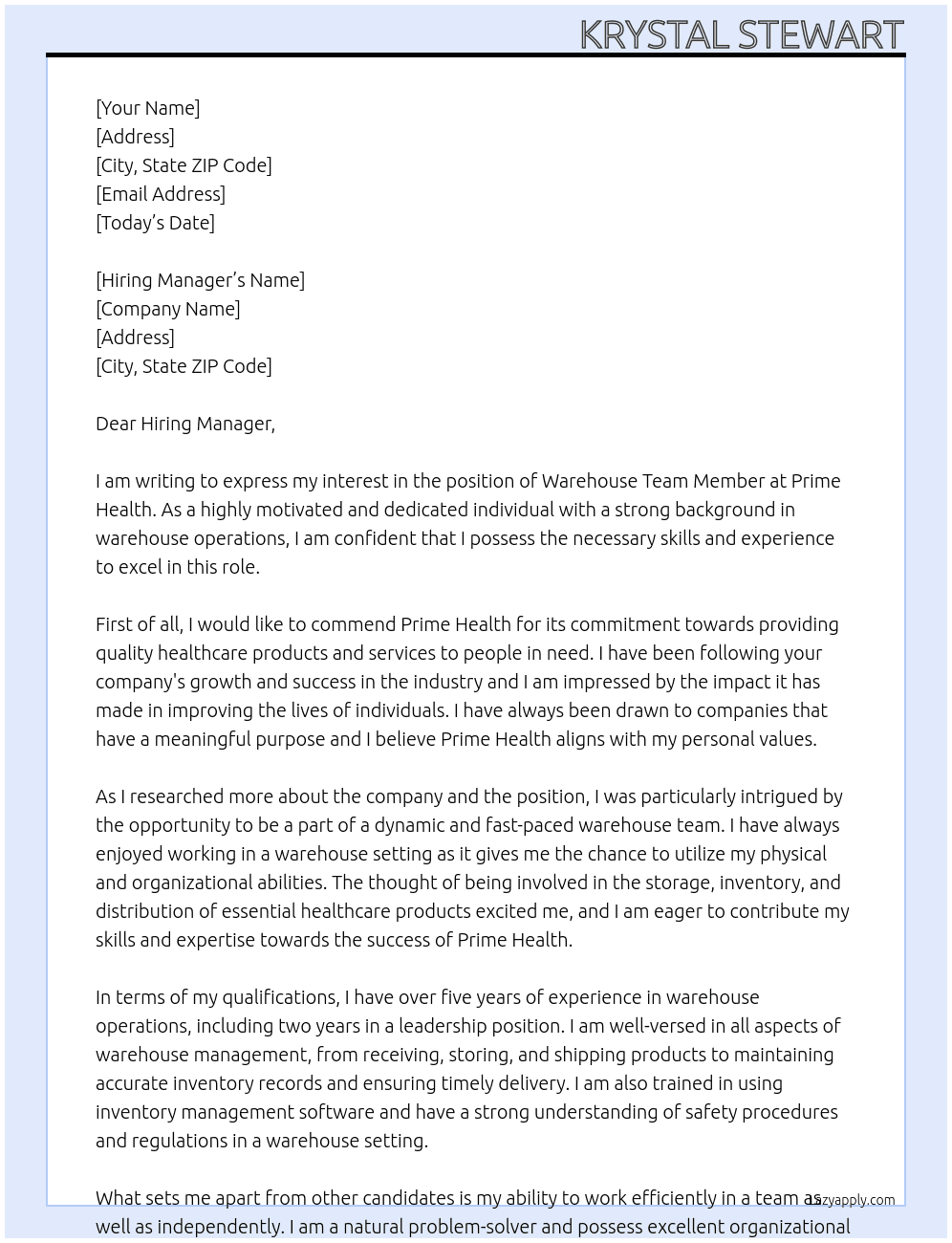 warehouse team member At Prime Health Cover Letter