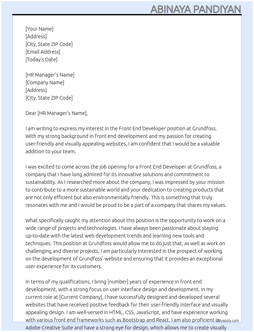 Front End Developer At Grundfoss Cover Letter