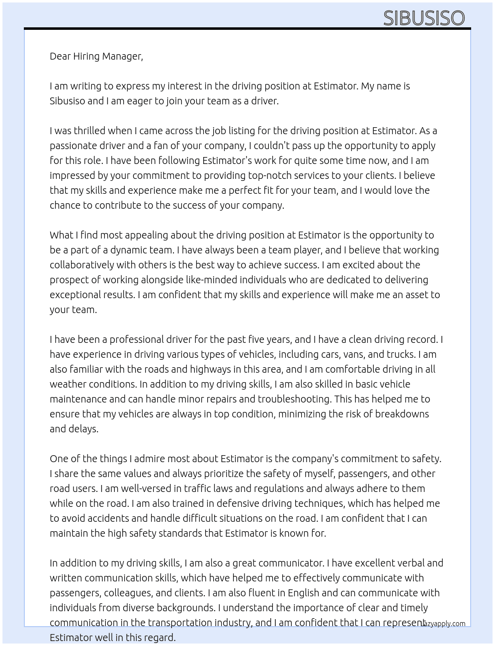 driving At estimator Cover Letter
