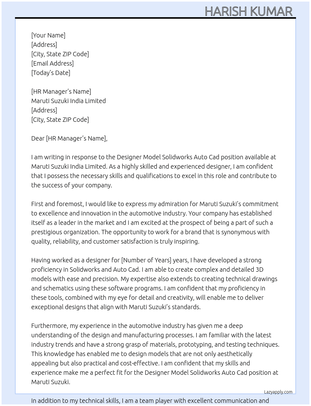 Cover letter for designer model solidworks auto cad - LazyApply