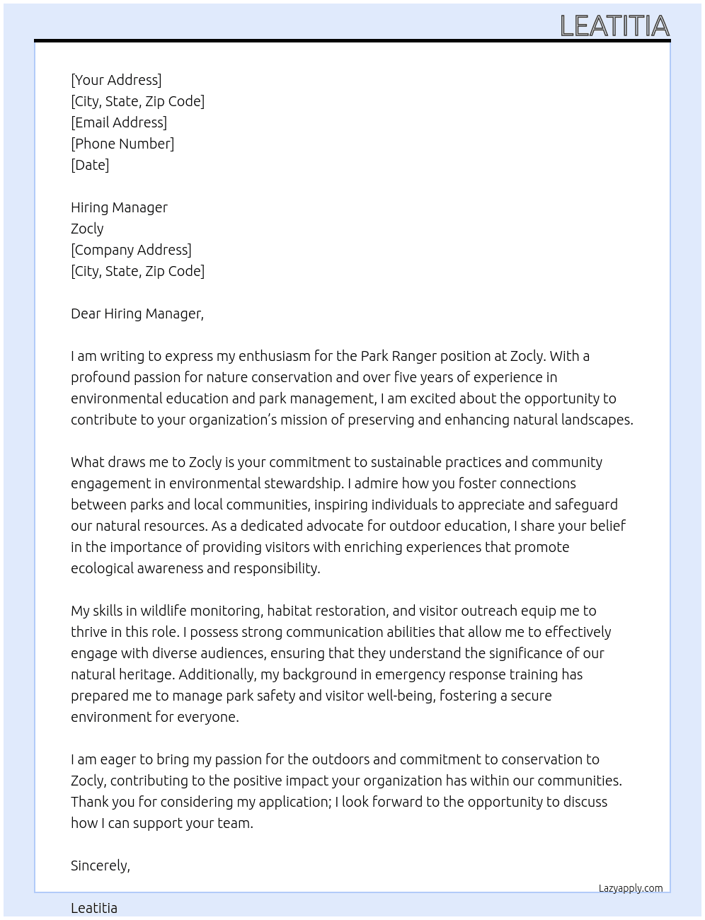 Parck ranger At Zocly  Cover Letter