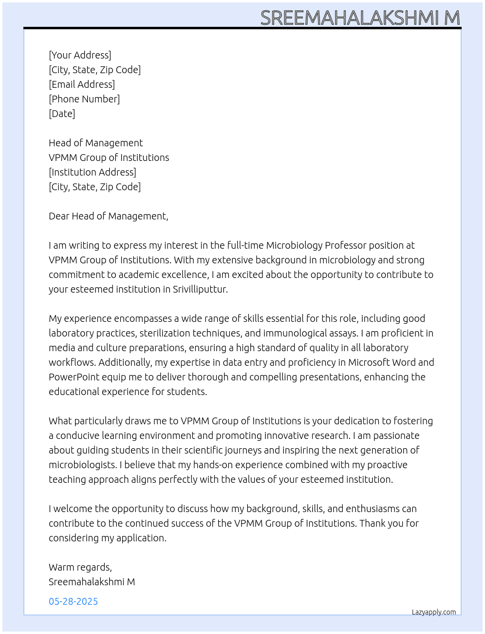 Microbiology professor  At VPMM group of institution  Cover Letter