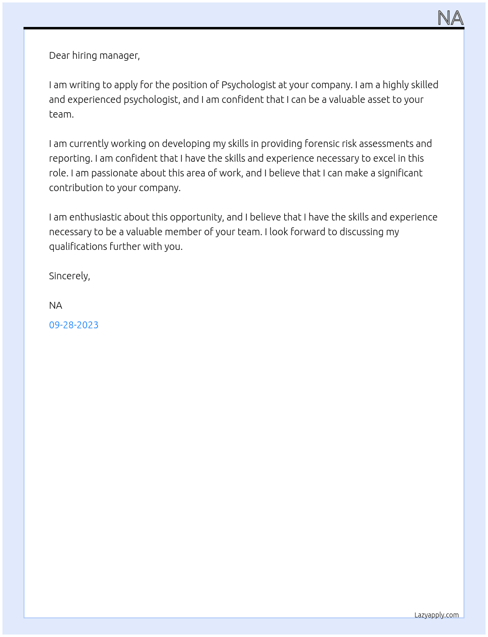 Psychologist At NA Cover Letter