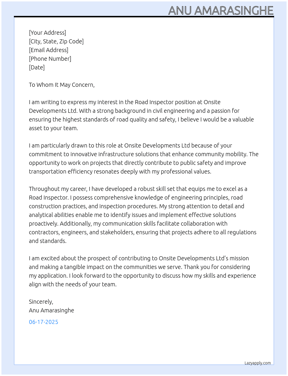 Road Inspector At Onsite Developments Ltd Cover Letter