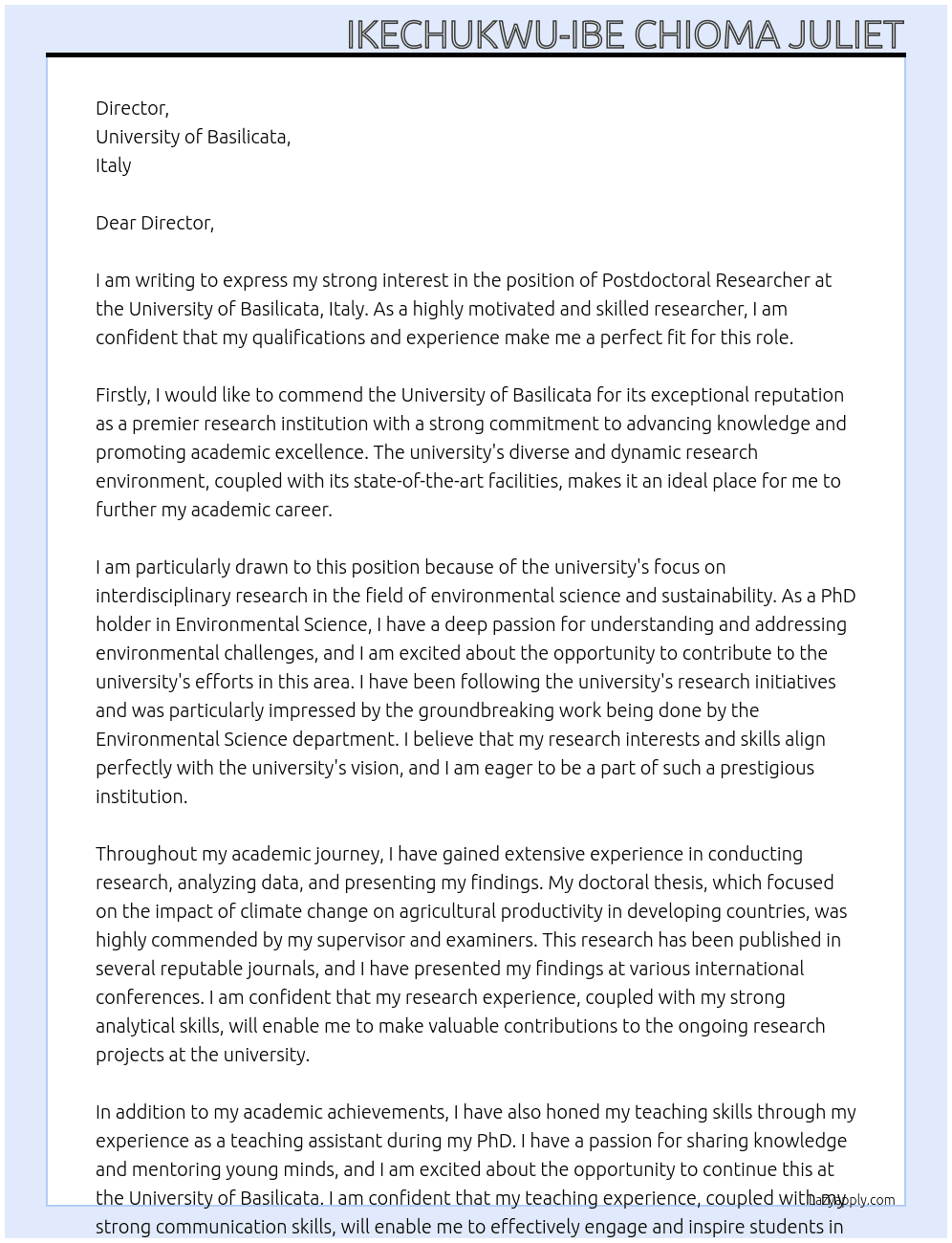 Postdoctoral Researcher At University of Basilicata, Italy Cover Letter
