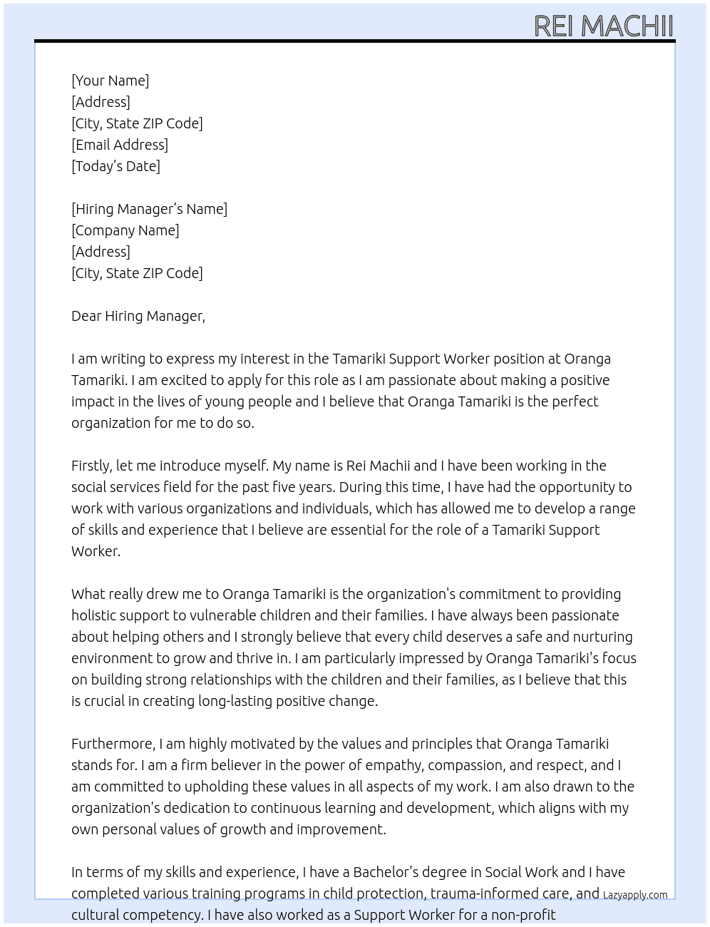 Tamariki Support Worker At Oranga Tamariki Cover Letter