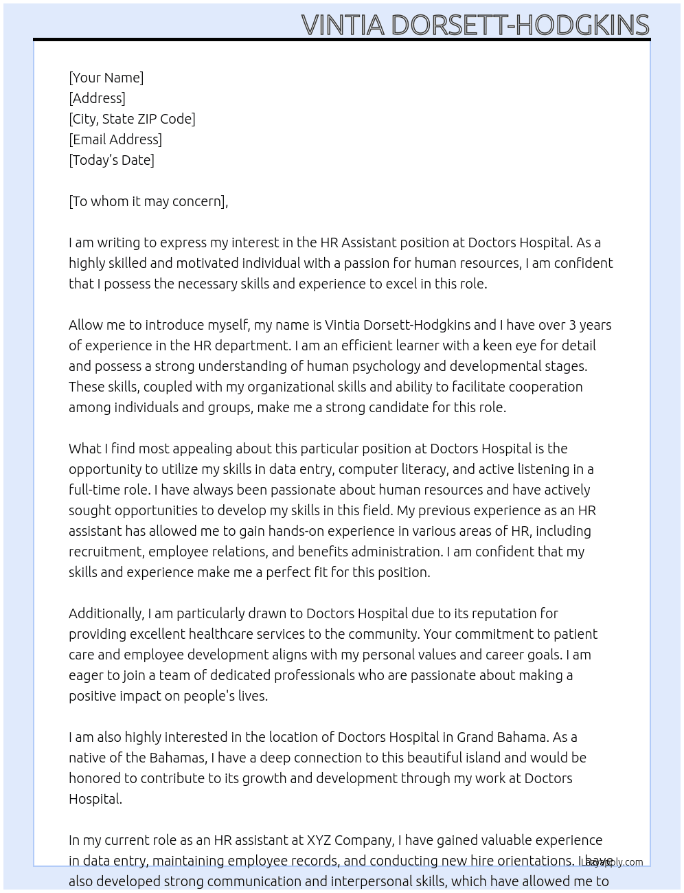 HR assistant At Doctors Hospital  Cover Letter