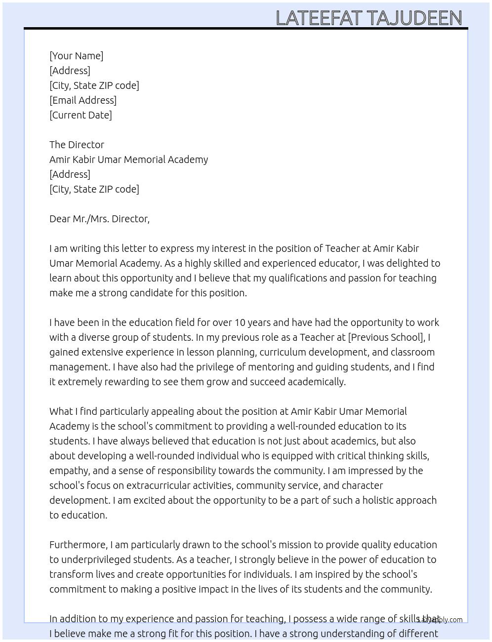 Teacher At Amir kabir Umar Memorial Academy  Cover Letter