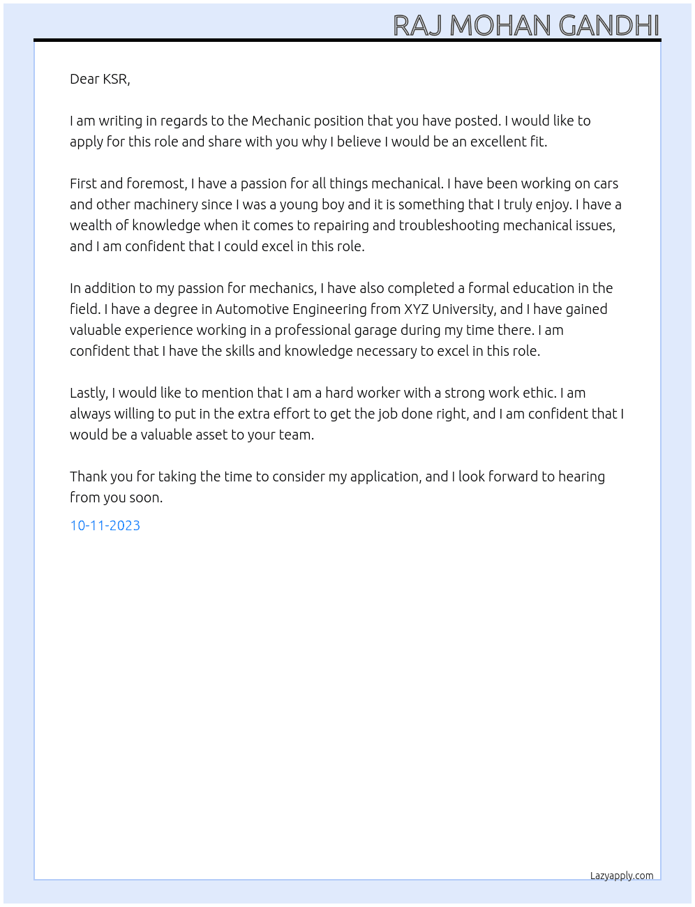 Mechanic At ksr Cover Letter