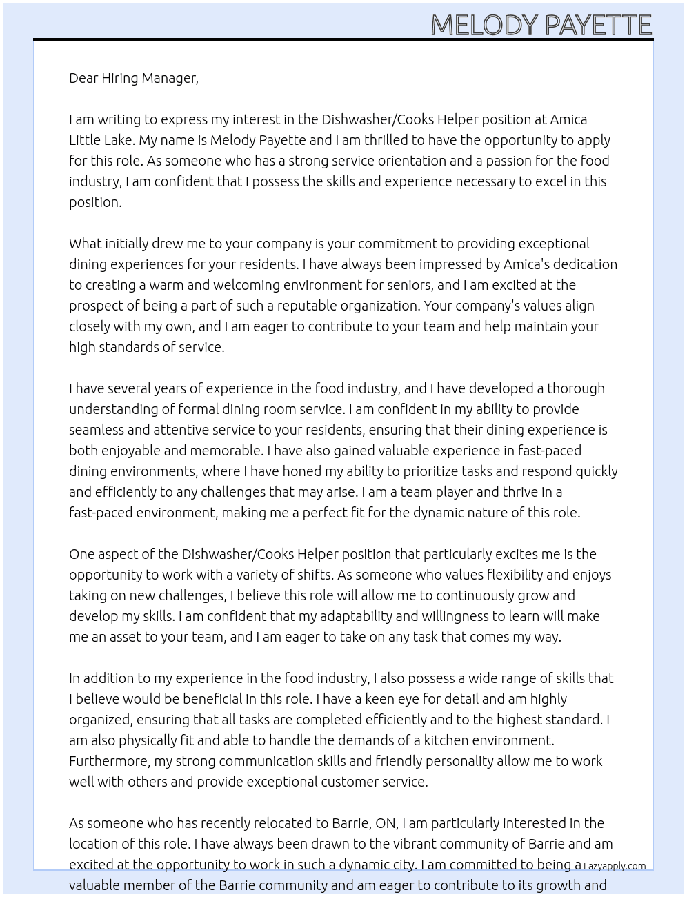 Dishwasher/cooks helper At Amica Little Lake Cover Letter