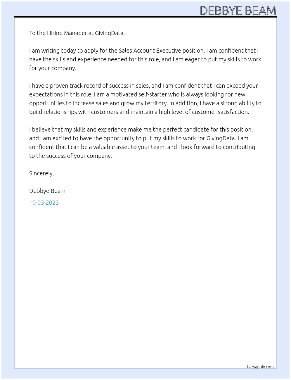 Sales Account Executive  At GivingData  Cover Letter