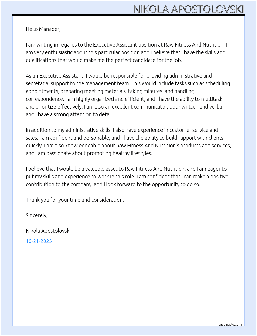 Executive Assistant At Raw Fitness And Nutrition  Cover Letter