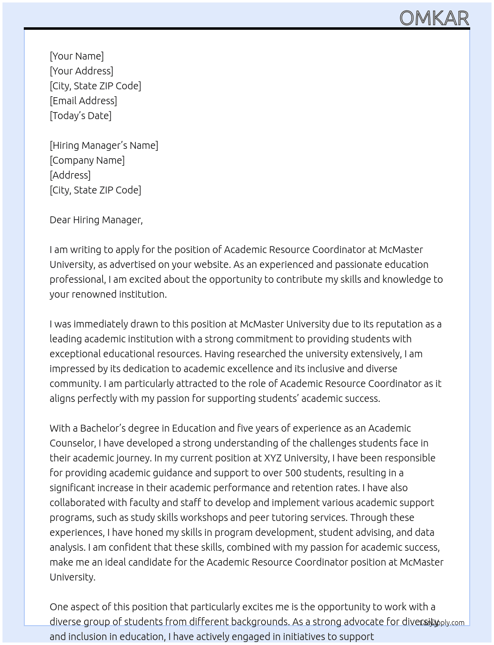 Academic Resource coordinator At McMaster University  Cover Letter