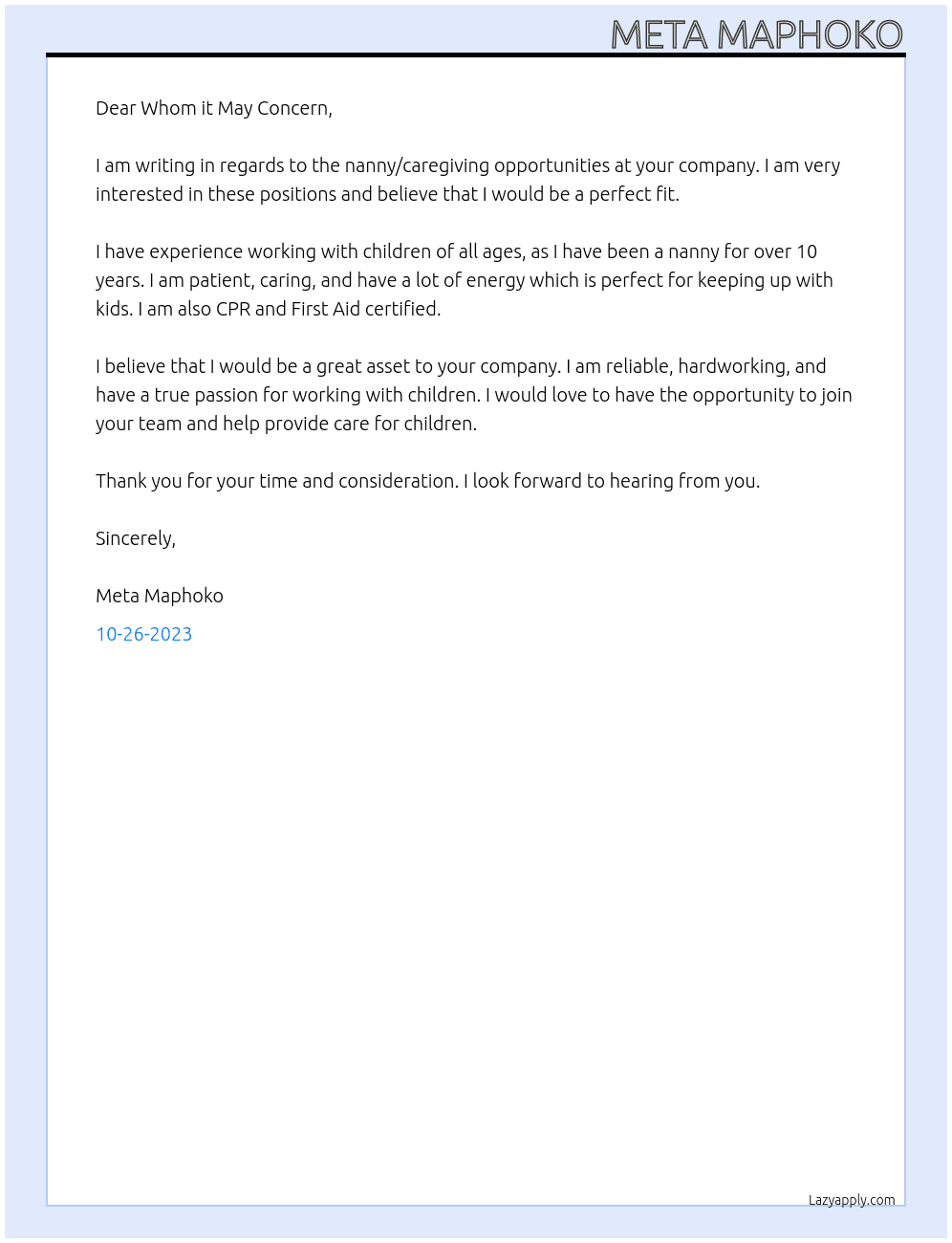 Nanny/Caregiving opportunities At Nanny/Caregiving Cover Letter