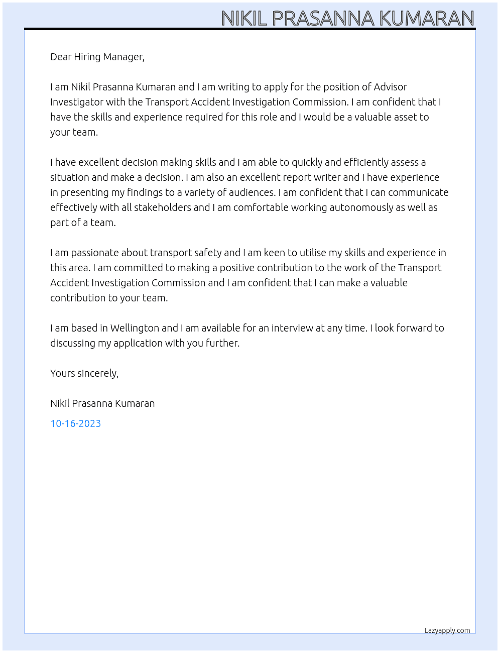 Advisor Investigator At Transport Accident Investigation Commission Cover Letter