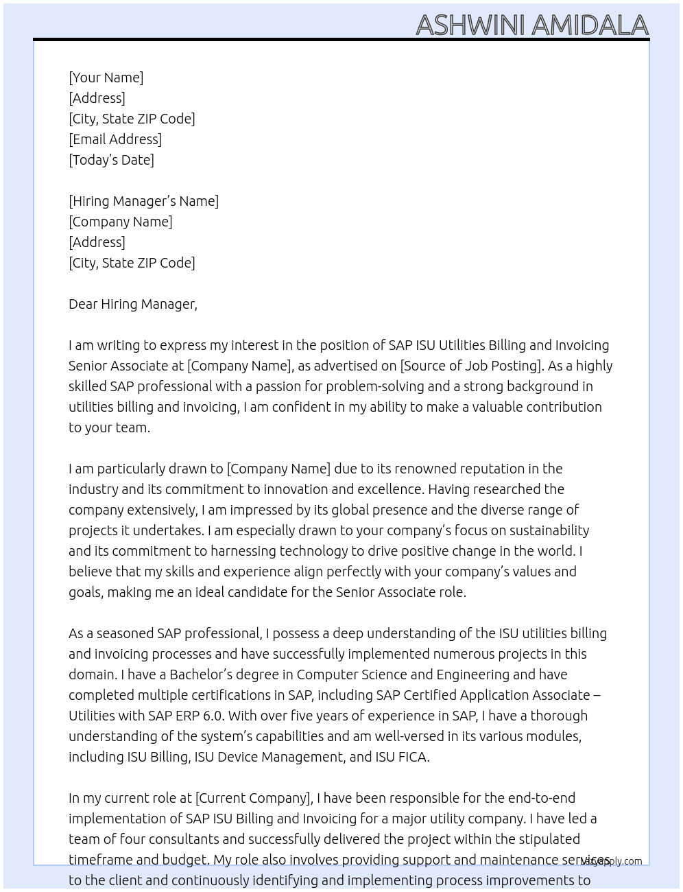 SAP ISU utilities billing and invoicing  At Job abroad  Cover Letter