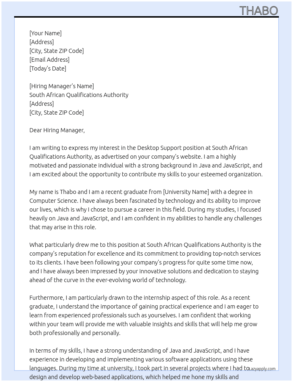 Desktop Support At South African Qualifications Authority Cover Letter